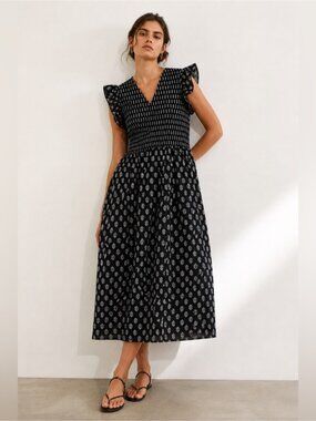 LÉA Smocked Midi Dress 2X Black White Print NWT Ruffle Sleeve Boho